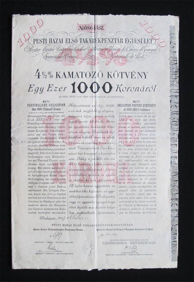 Pesti Hazai Elsõ Takarékpénztár 4,5% kötvény 1000 korona 1907